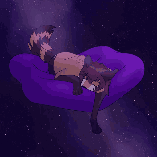a drawing of a furry animal sleeping on a purple bean bag chair