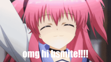 a girl with pink hair and the words omg hi bsmite