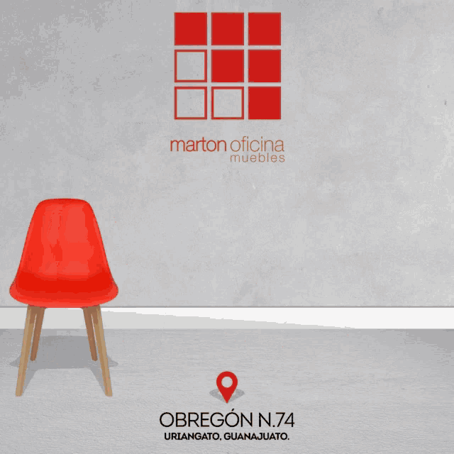 a row of red chairs are lined up in front of a wall that says marton oficina muebles