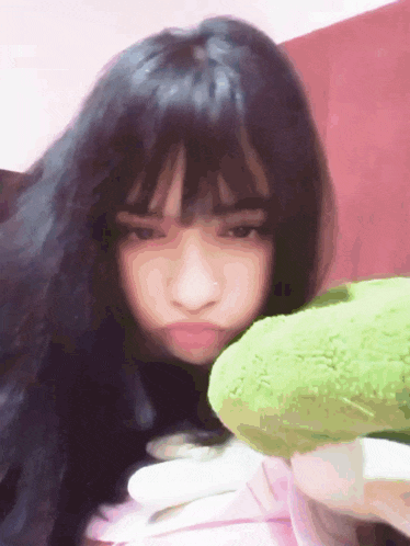 a girl with long black hair and bangs is holding a green stuffed animal and making a face .