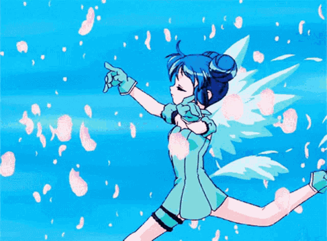a girl with blue hair is surrounded by petals