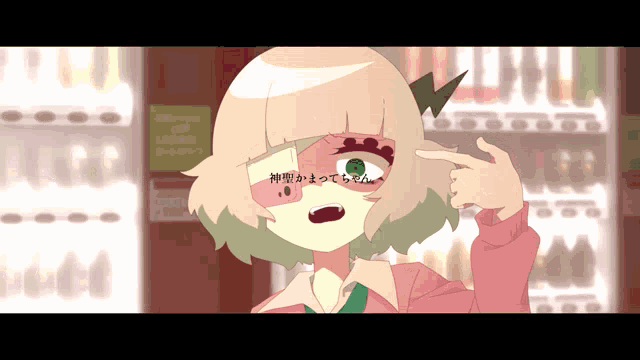 a girl with a crown on her head is pointing at her head in front of vending machines