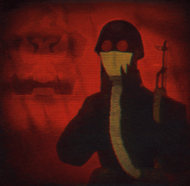 a soldier wearing a gas mask holds a gun in front of a red background