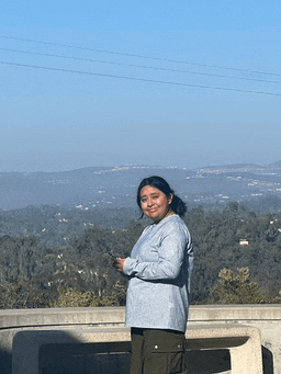 a woman standing on a bridge with mountains in the background holding a cell phone