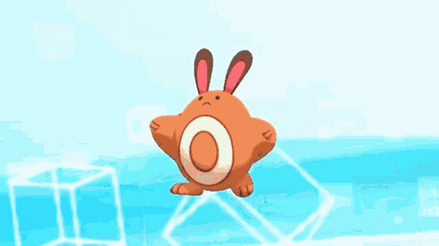 a cartoon rabbit with a circle around its neck is flying in the air .