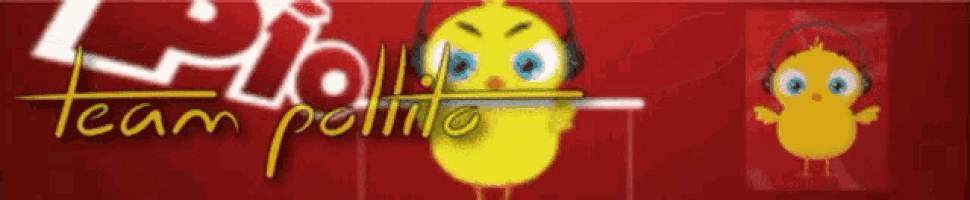 a cartoon chicken wearing headphones is on a red background with the words team pollo below it