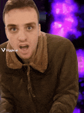 a man in a brown jacket is standing in front of a purple background with the letters viggle.ai visible