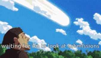 a pixel art of a man looking up at a comet with the words " waiting for ika to look at submissions " below him