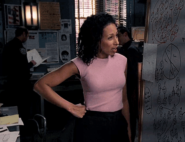 a woman in a pink top is standing in front of a wall with a diagram on it that says ' a ' on it