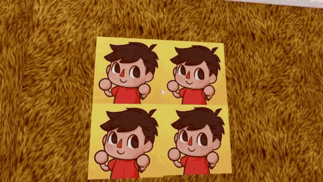 four pictures of a boy in a red shirt