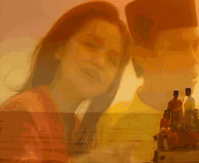 a woman in a red jacket is pointing at a man in a yellow shirt .