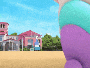 a cartoon character is standing in front of a pink building