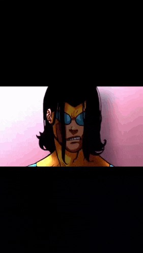 a cartoon of a man with long black hair and blue sunglasses