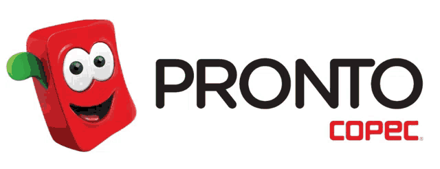 a logo for pronto copec shows a red block with a face on it