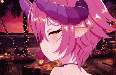a girl with pink hair and purple horns looks down at something
