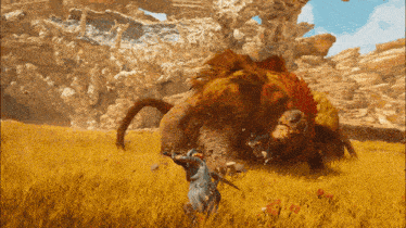 a man with a sword is standing in a field with a large animal in the background