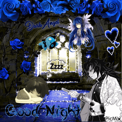 a picture of a dark angel with blue roses and a boy sleeping