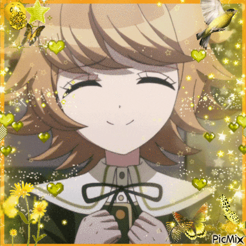 a picture of a girl with hearts and butterflies around her and the words picmix at the bottom