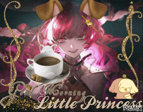 a picture of a girl holding a cup of coffee with the words good morning little princess