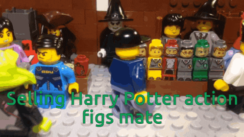 a group of lego figures are gathered around a table with the words selling harry potter action figs mate below them