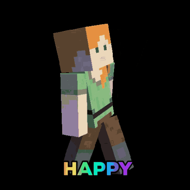 a minecraft character is dancing with the word happy in the background