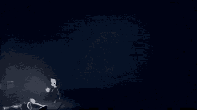 a person with a paper bag on their head is running in the dark .