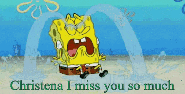 a cartoon of spongebob crying with the words christina i miss you so much below him