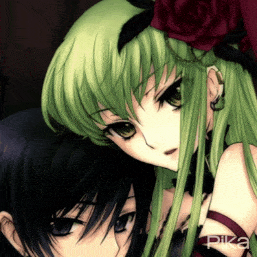 a girl with green hair is next to a boy with black hair and the word pika is on the bottom