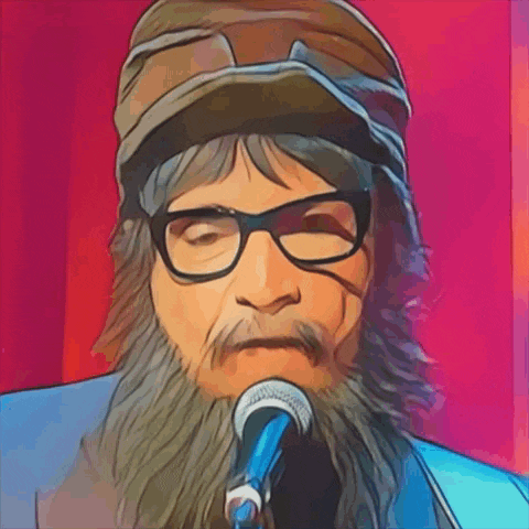 a man with a beard and glasses is singing into a microphone