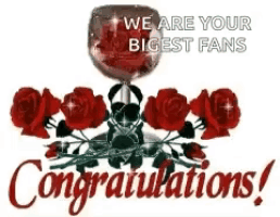a congratulations card with a glass of wine and red roses