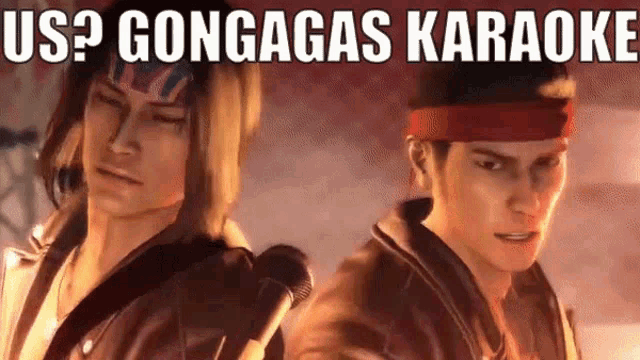 two men are standing next to each other in front of a microphone with the words us ? gongagas karaoke above them .