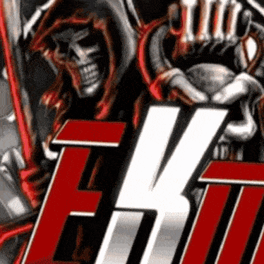 a picture of a grim reaper holding a skull and the letter k in red