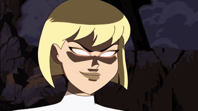 a blonde cartoon character with red eyes and a white shirt