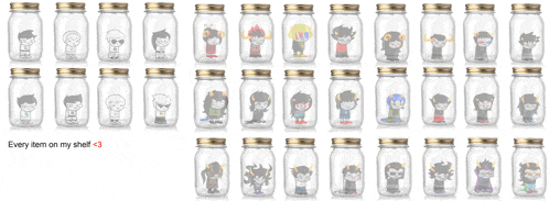 a row of mason jars with cartoon characters on them and the words " every item on my shelf < 3 " underneath
