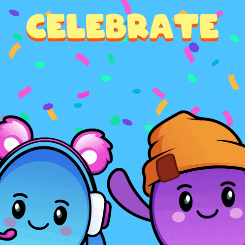 a blue and purple cartoon character with the words celebrate in the background