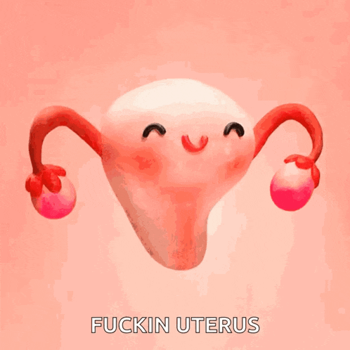 a cartoon peach with a very angry face and the words fuckin uterus below it