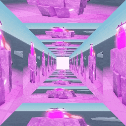 a computer generated image of a hallway with purple blocks and a white square in the middle