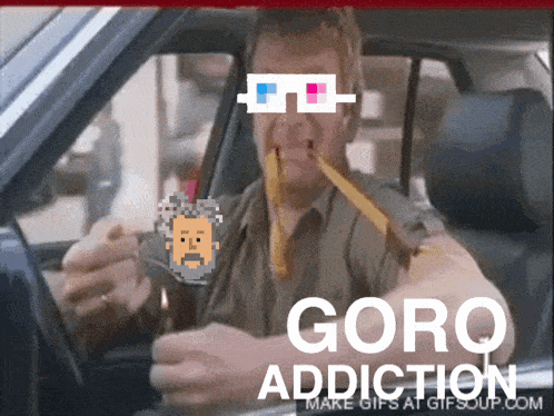 a man is driving a car with the words goro addiction written on the bottom