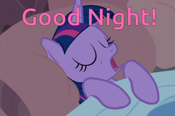 a purple pony is laying on a bed with the words good night written above it