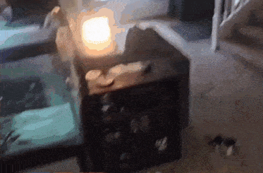 a blurred image of a room with a light on a nightstand