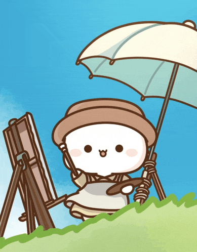 a cartoon character is holding an umbrella and a brush