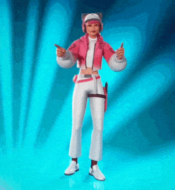 a woman in a pink jacket and white pants is standing on a blue background .