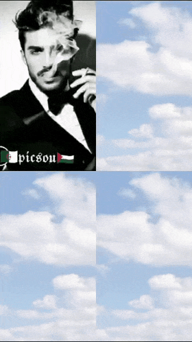 a man in a suit and tie is smoking a cigarette with picsou written in the corner