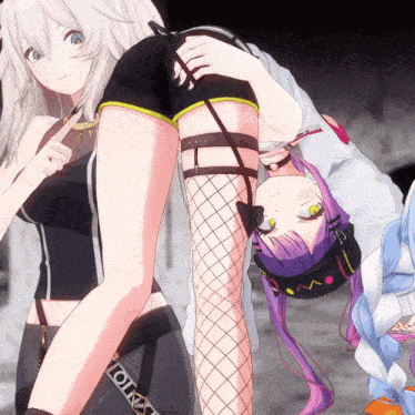 two anime girls are standing next to each other and one of them has a belt that says ' ioing '
