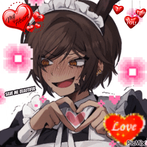 a girl in a maid outfit making a heart with her hands and a red heart that says love