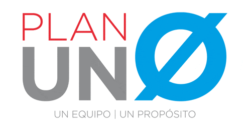 a blue and gray logo that says plan uno on it
