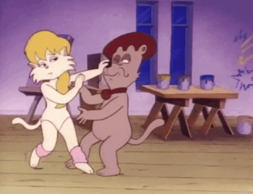 a cartoon of a cat and a girl dancing together