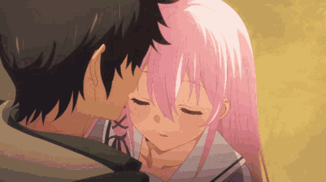a girl with pink hair is kissing a boy with black hair