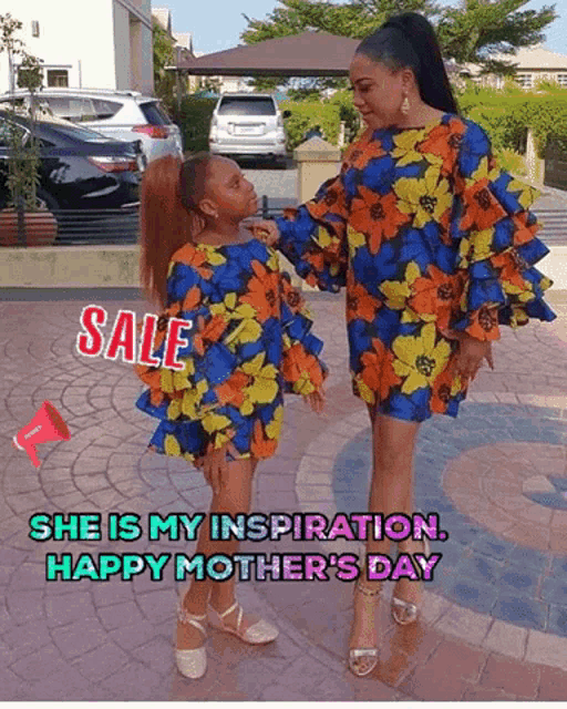 a woman and a little girl are standing next to each other with the words she is my inspiration happy mother 's day