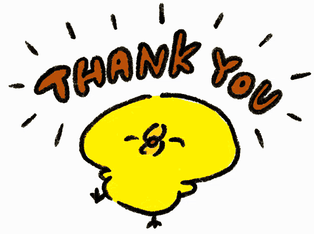 a drawing of a yellow chick with the words thank you written around it